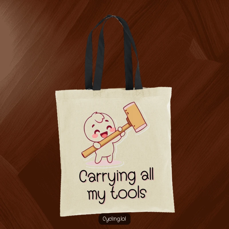 Funny tote bag showing a character gleefully hammering a pretend nail with a comically large hammer, perfect for whimsical shopping.