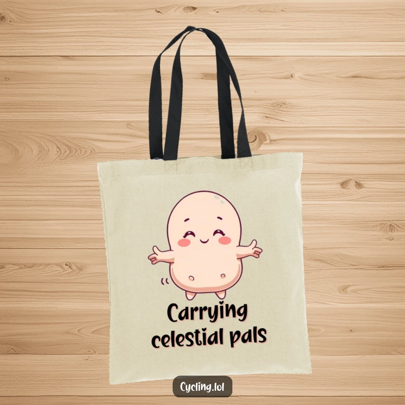 Funny tote bag featuring a character embracing a delightful comet, perfect for carrying essentials with a touch of cosmic humor.