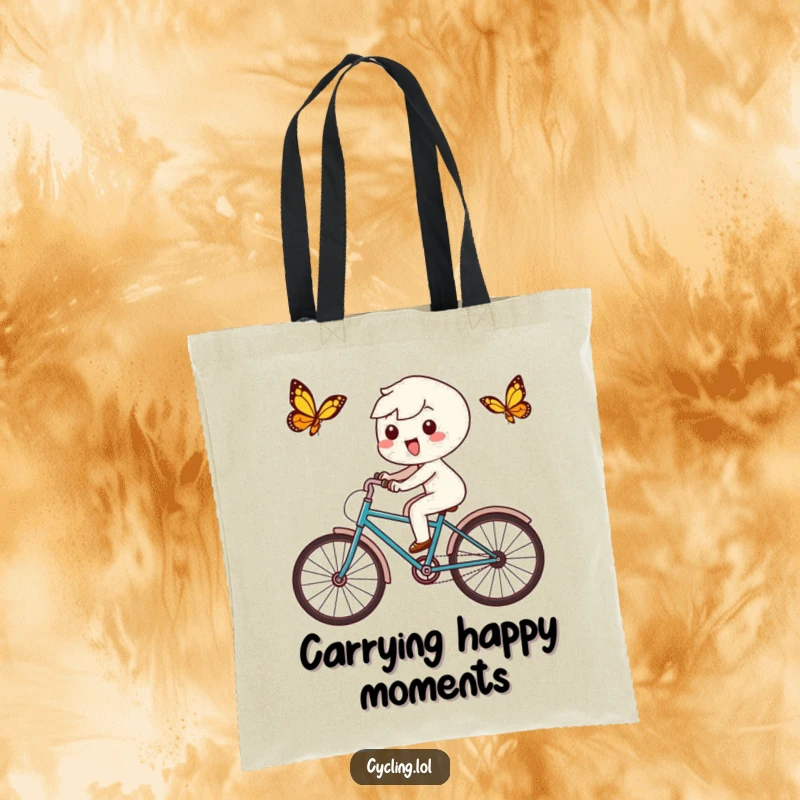 Funny tote bag with a delighted Kawaii character joyfully cycling after a butterfly, showcasing a scene of pure, playful happiness.