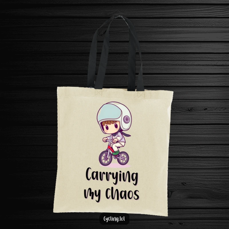 Funny tote bag showing a character with a comically large helmet, wobbling precariously on a unicycle, practical and amusing.