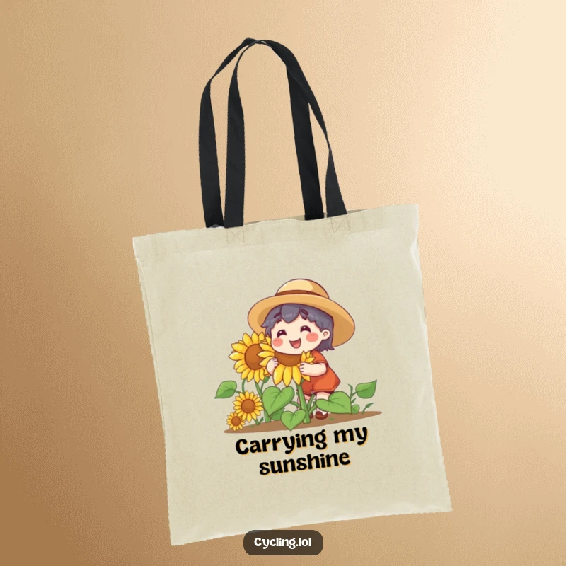 Funny tote bag showing a character in a straw hat, joyfully watering a giant, smiling sunflower, ideal for groceries or books.