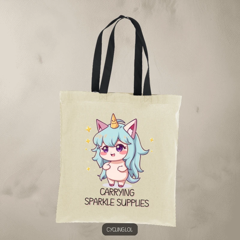 Funny character with a mischievous twinkle throwing glittery stardust on a durable tote bag, perfect for carrying magic.