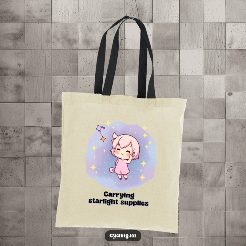Funny tote bag depicting a character artistically drawing a constellation with a flourish on a star-filled night sky.