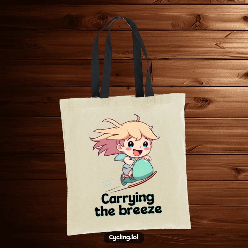 Funny speed tote bag depicting a character joyfully speeding downhill with windblown hair and a happy smile.