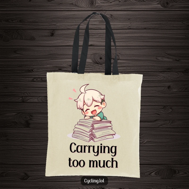 Funny tote bag showing a character laughing while tripping over research papers, ideal for carrying books and supplies with a humorous style.
