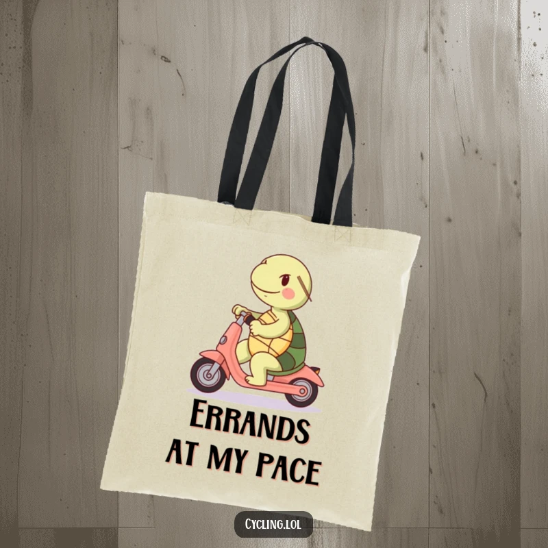 Funny tote bag: A cheerful turtle rides a scooter backwards, a humorous and practical accessory.