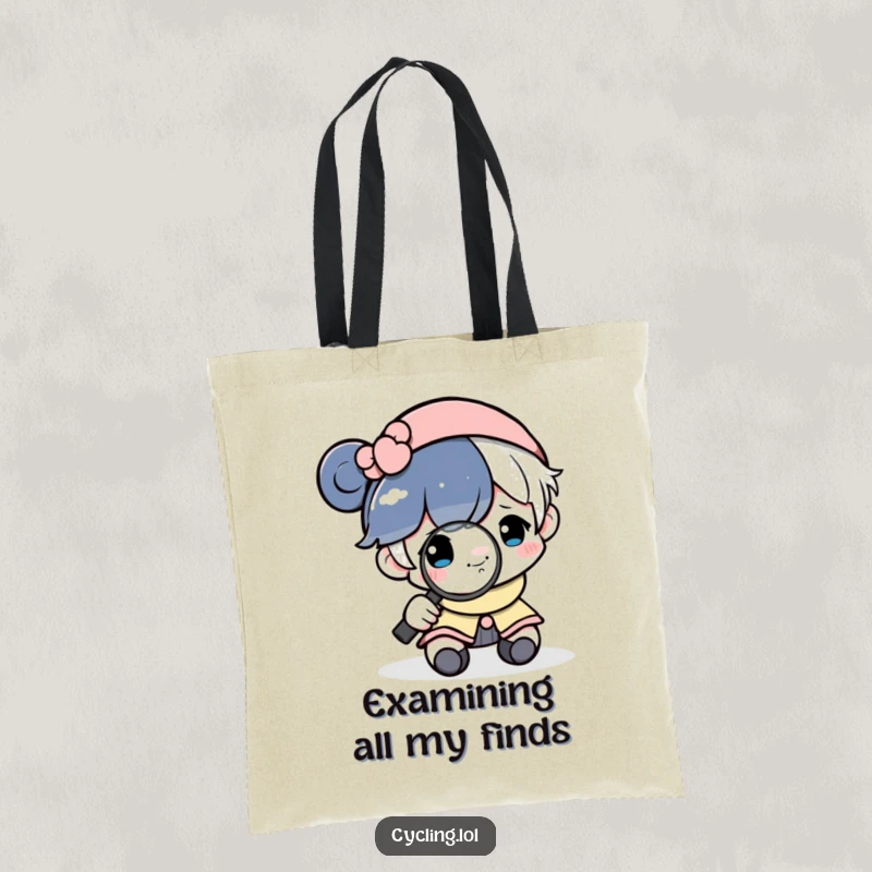 Funny tote bag showing a character inspecting a small, smiling moon with a magnifying glass, ready for errands.