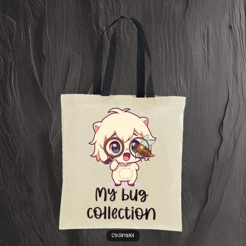 Funny Tote Bag: Featuring a character with a monocle excitedly observing a magnified insect, this bag is a humorous companion for everyday adventures and a great gift.