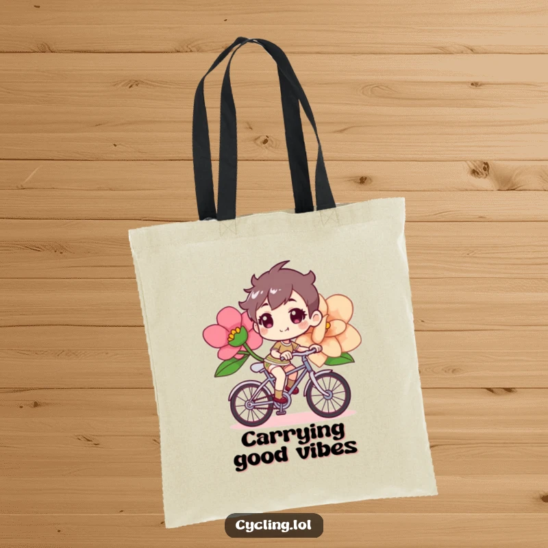Funny bicycle tote bag showing a determined, cheerful character riding a bicycle with a giant, beautiful flower.