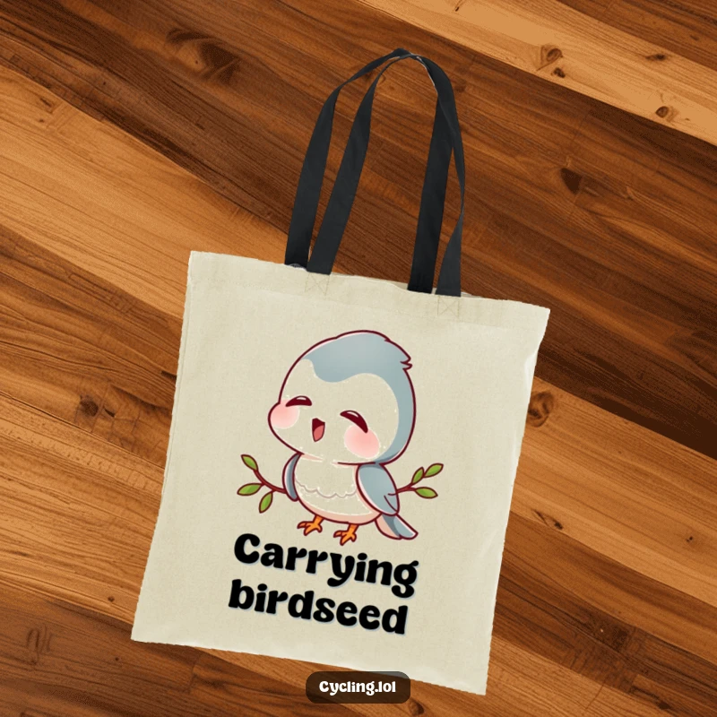 Funny tote bag depicting a character with head tilted, listening intently to bird sounds with delight, ideal for bird lovers.