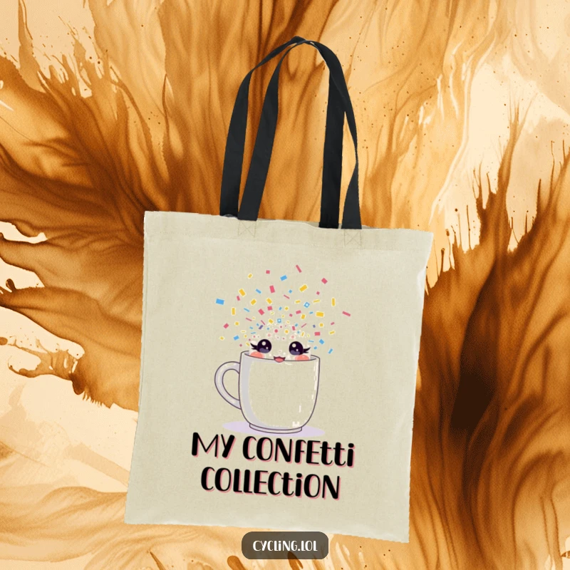 Funny tote bag featuring a character with sparkling eyes bursting from a mug with confetti, perfect for carrying items with flair.