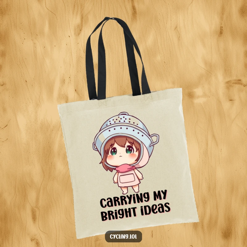 Funny tote bag showing a character wearing a colander helmet and looking up with wonder, ready for new sights.