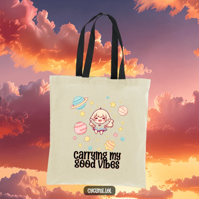 Funny tote bag showing a character joyfully floating among cartoonish stars and planets, ready for any journey.