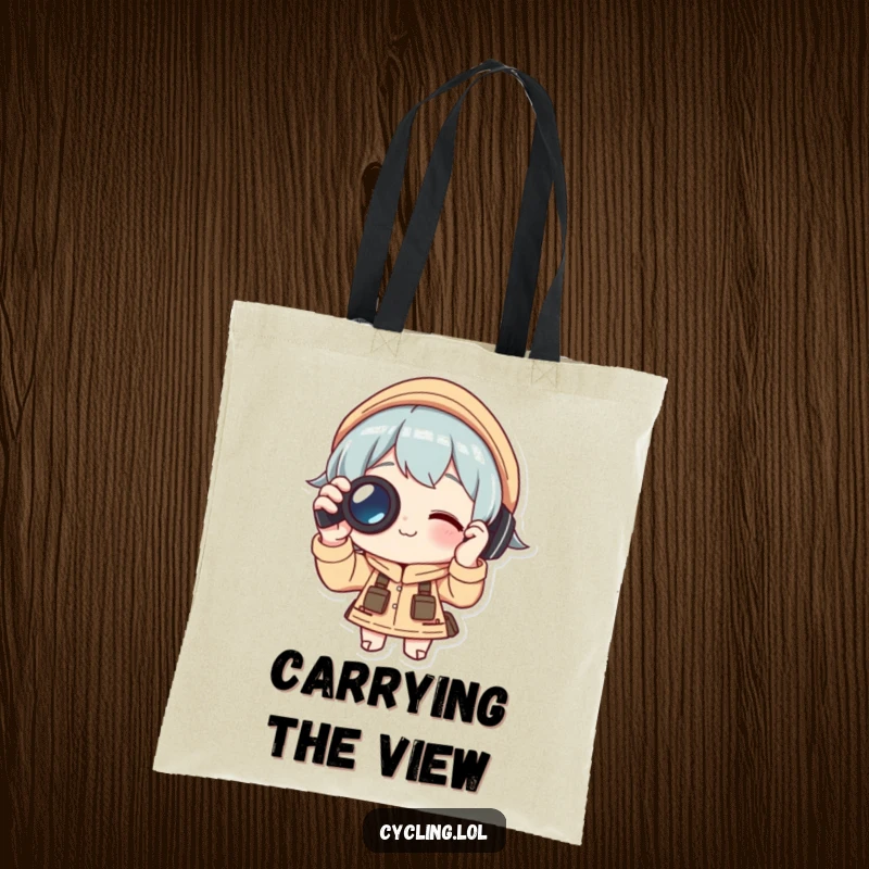 Funny Tote Bag: Character intensely using binoculars, symbolizing a sharp eye for adventure, perfect for carrying essentials and making a humorous statement, a great gift.