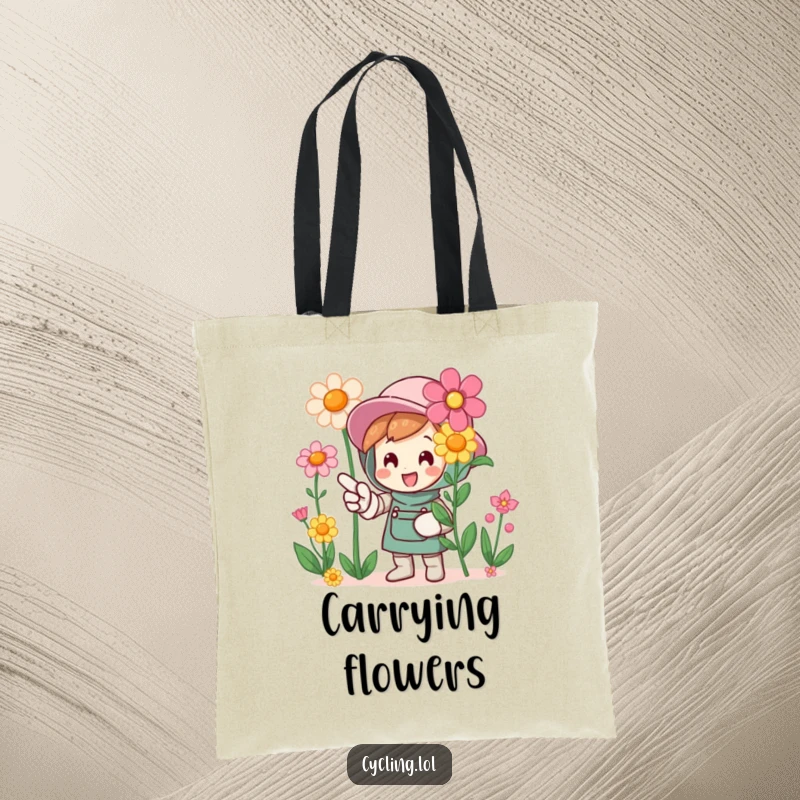 Funny tote bag featuring a character in a gardening glove, pointing enthusiastically at beautiful flowers, celebrating nature.