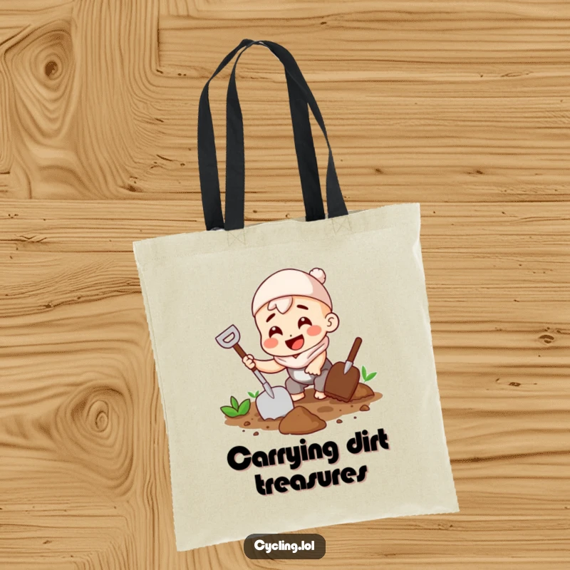 Funny tote bag illustrating a character digging soil with a trowel and a big grin, perfect for garden essentials.