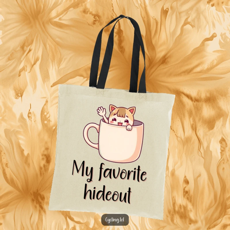 Funny tote bag featuring a character peeking out of a giant mug and waving enthusiastically, perfect for carrying essentials with cheer.