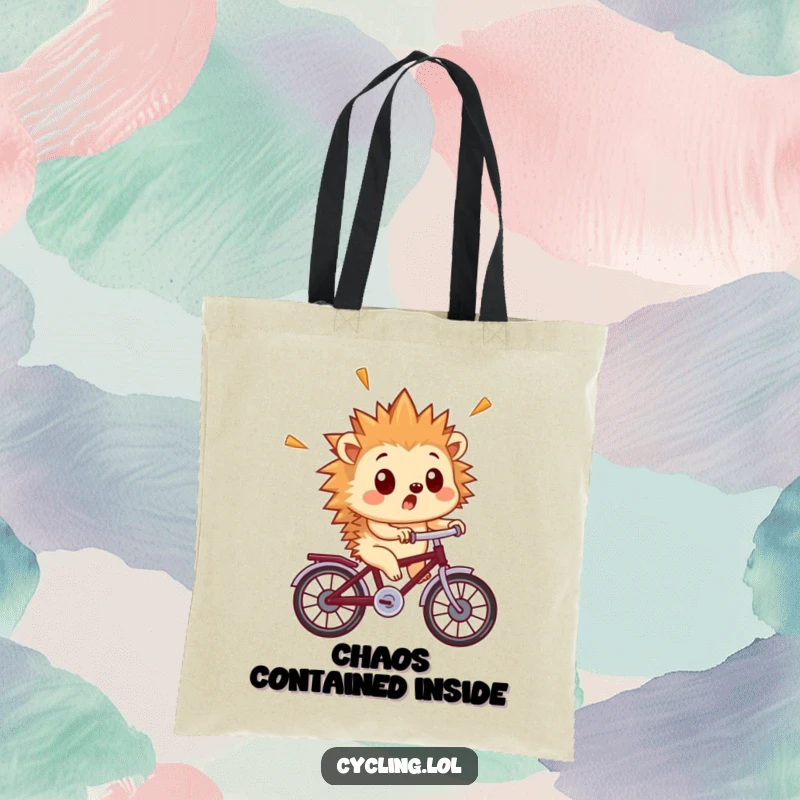 Funny hedgehog tote bag with a surprised hedgehog whose quills are flying as it rides a tiny bicycle.