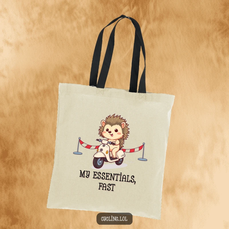 Funny tote bag featuring a small hedgehog triumphantly riding a scooter across a finish line, celebrating victory with humor.