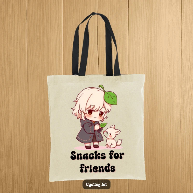 Funny tote bag showing a character gently offering a leaf to a small, grateful animal, symbolizing generosity and care.