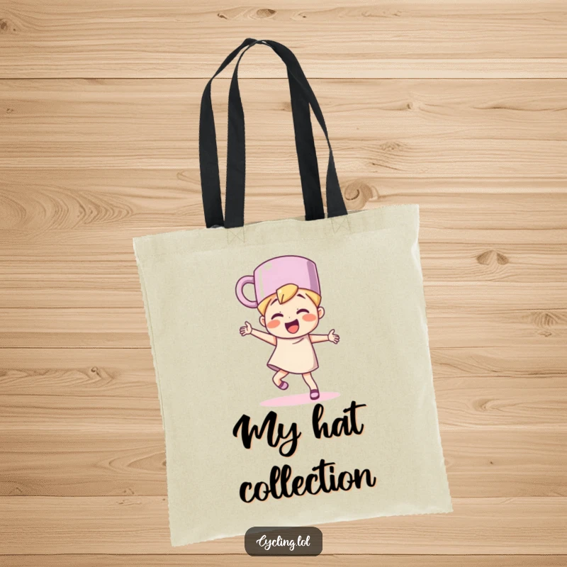 Funny character wearing a mug as a hat, dancing gleefully, on a tote bag, perfect for carrying essentials with style.