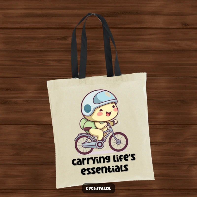 Funny snail tote bag showing a happy snail in a tiny helmet, cycling very slowly, ideal for carrying essentials.