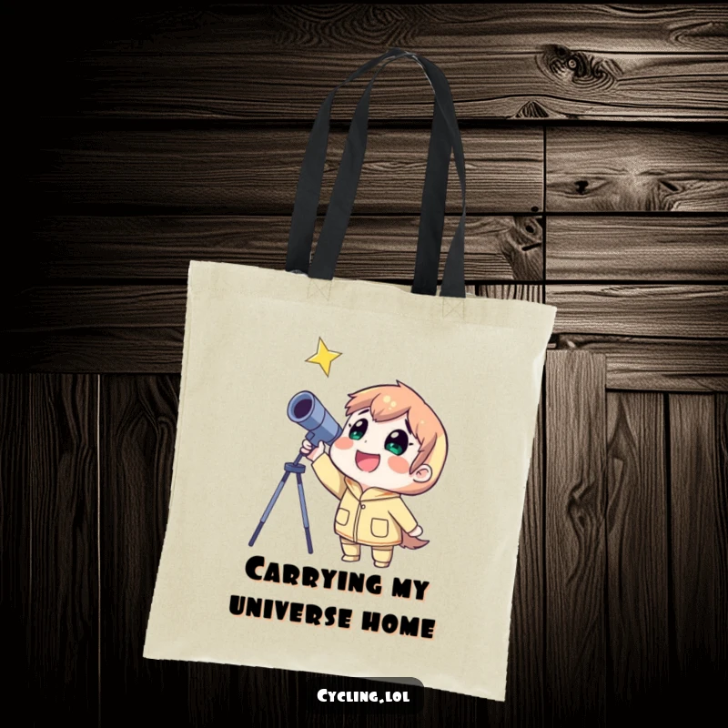 Funny tote bag featuring a character happily observing a star with a telescope, ideal for carrying essentials.