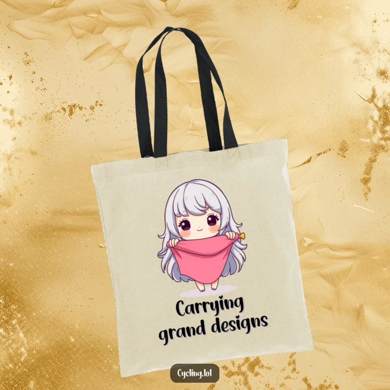 Funny Tote Bag: Seamstress character with a grand design idea, unrolling fabric for imaginative sewing projects, a humorous accessory.