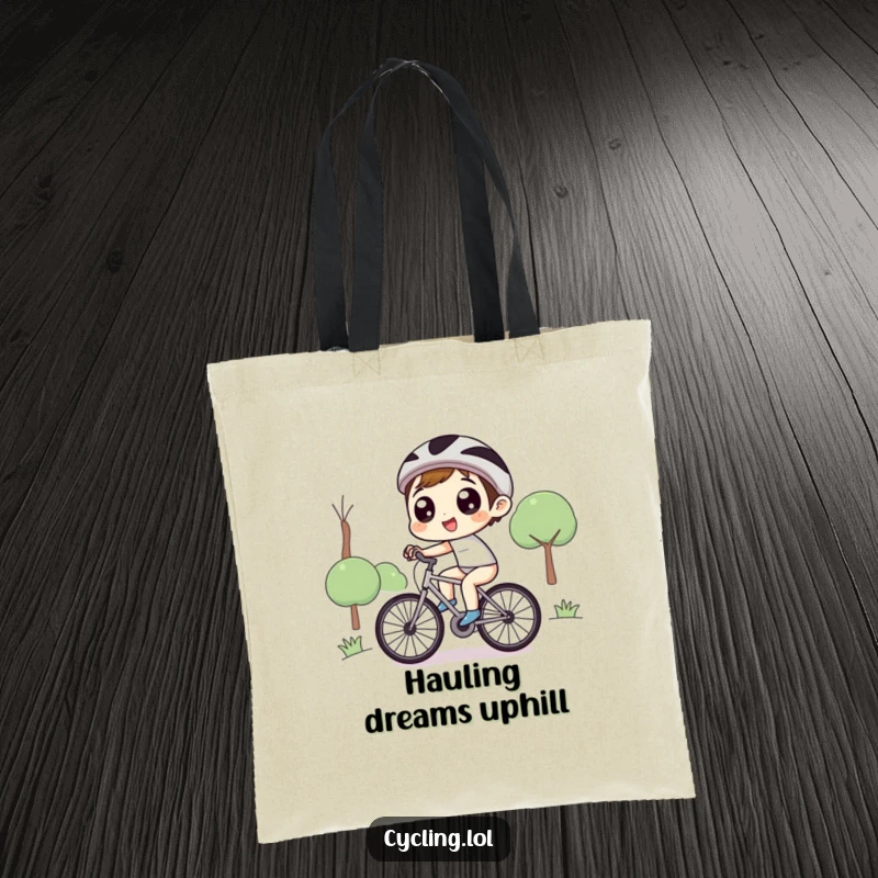 Funny tote bag showing a character with eyes wide with delight, joyously pedaling a bicycle uphill, perfect for carrying joy and necessities.