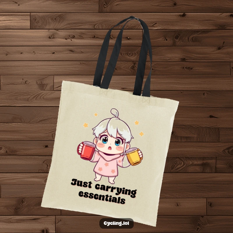 Funny surprised character on a tote bag, juggling three colorful coffee mugs, perfect for carrying essentials with a humorous flair.