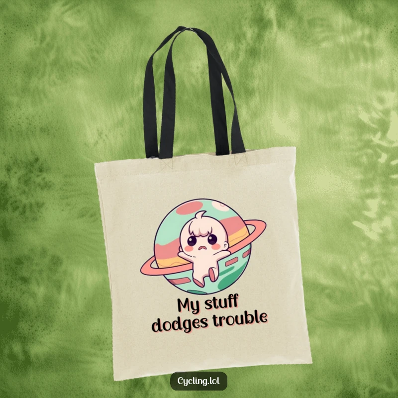 Funny tote bag showing a startled character leaping from a playful planet, ready for cosmic adventures.