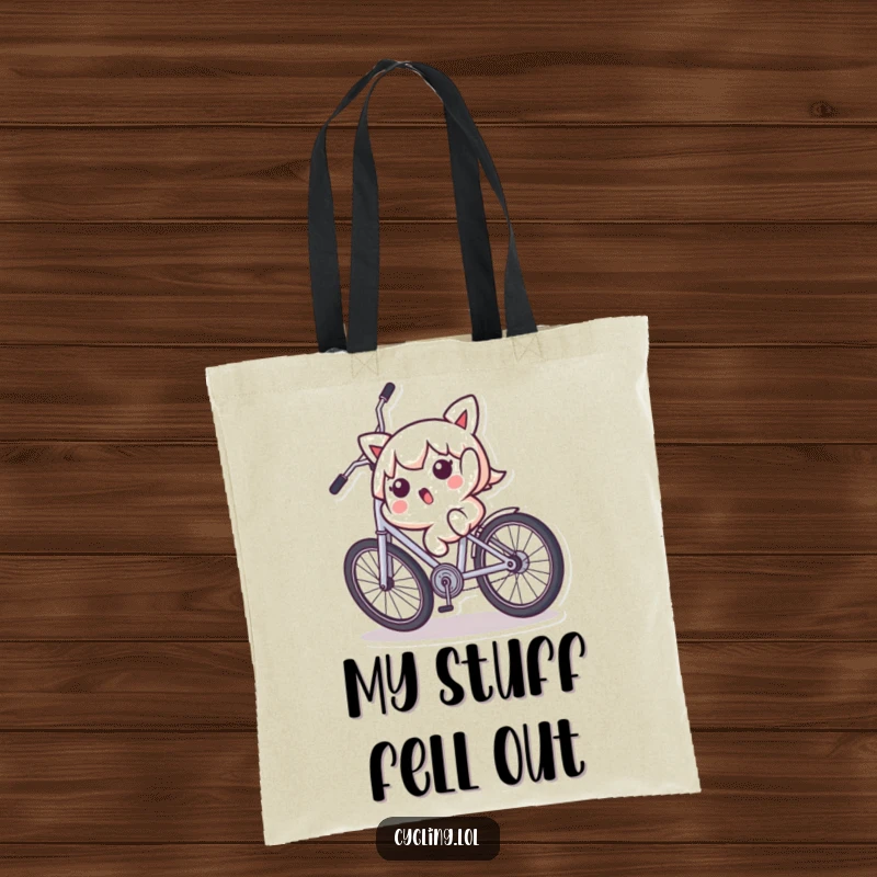Funny tote bag with a surprised Kawaii character falling backward off a wobbly bicycle, showcasing a comical, relatable moment.