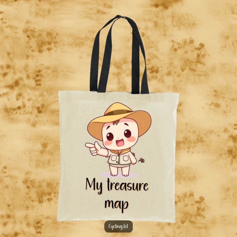 Funny tote bag depicting a character in a safari hat, excitedly pointing to a distant, cartoon animal, ideal for adventurers.