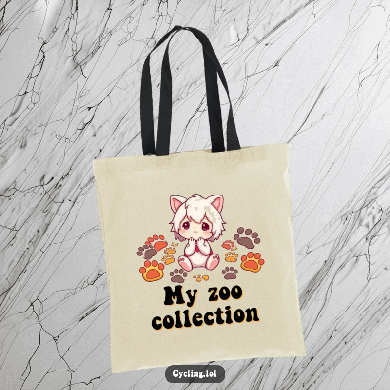 Funny tote bag depicting a character surrounded by various animal footprints, looking thoughtfully, ideal for nature lovers.