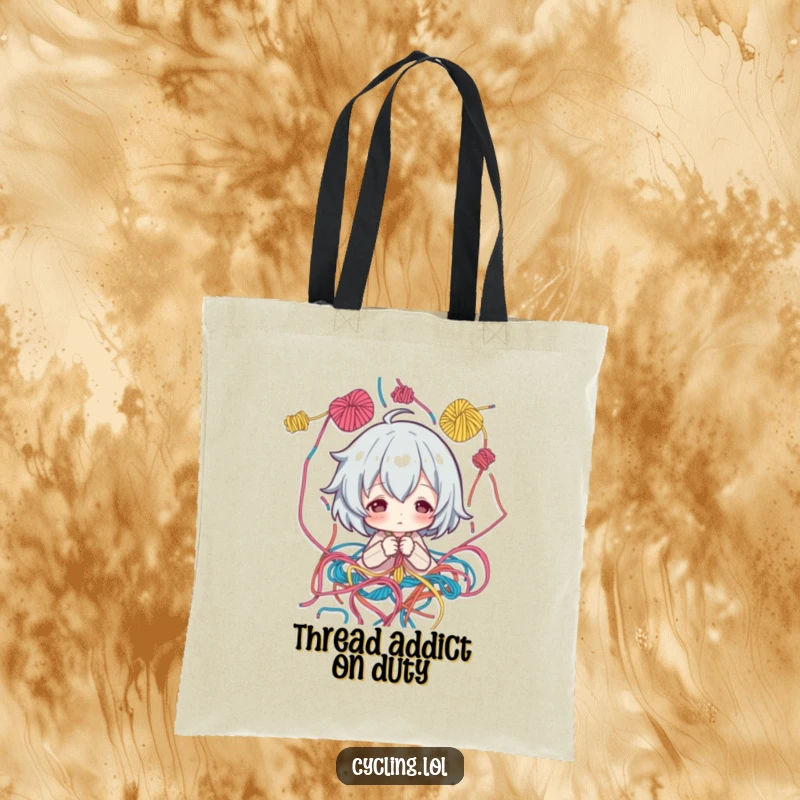 Funny Tote Bag: Character surrounded by threads, looking thoughtfully at a pattern, humorous and practical for carrying art supplies.
